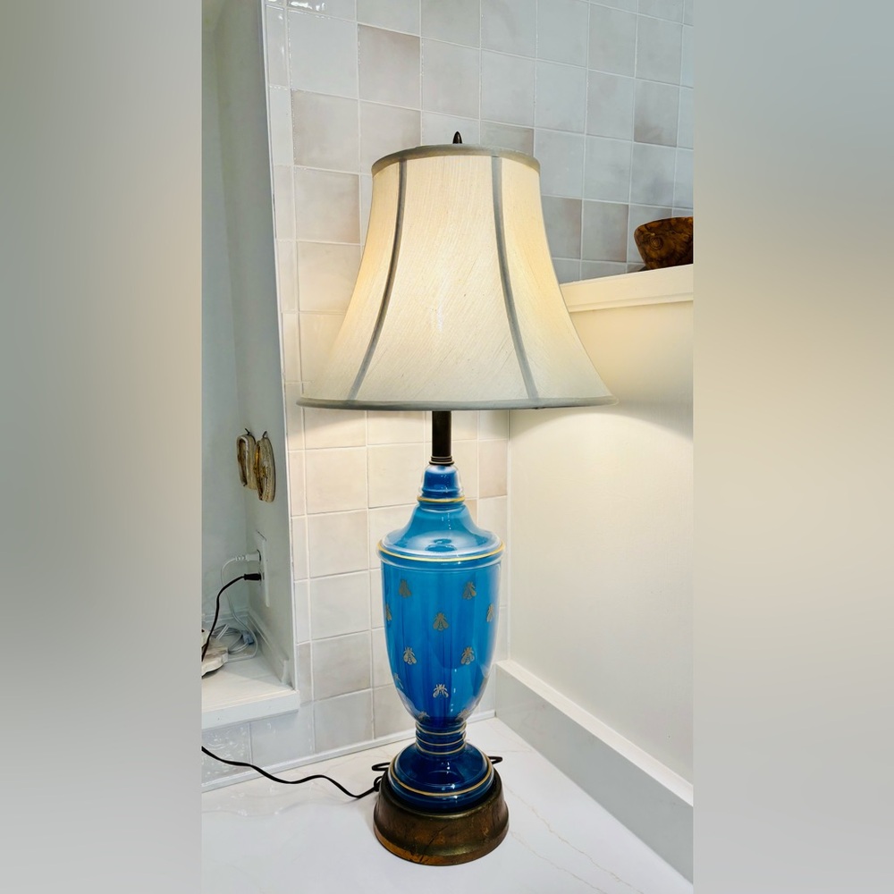 Frederick Cooper Blue Glass Bee Table Lamp Brass Base Vintage